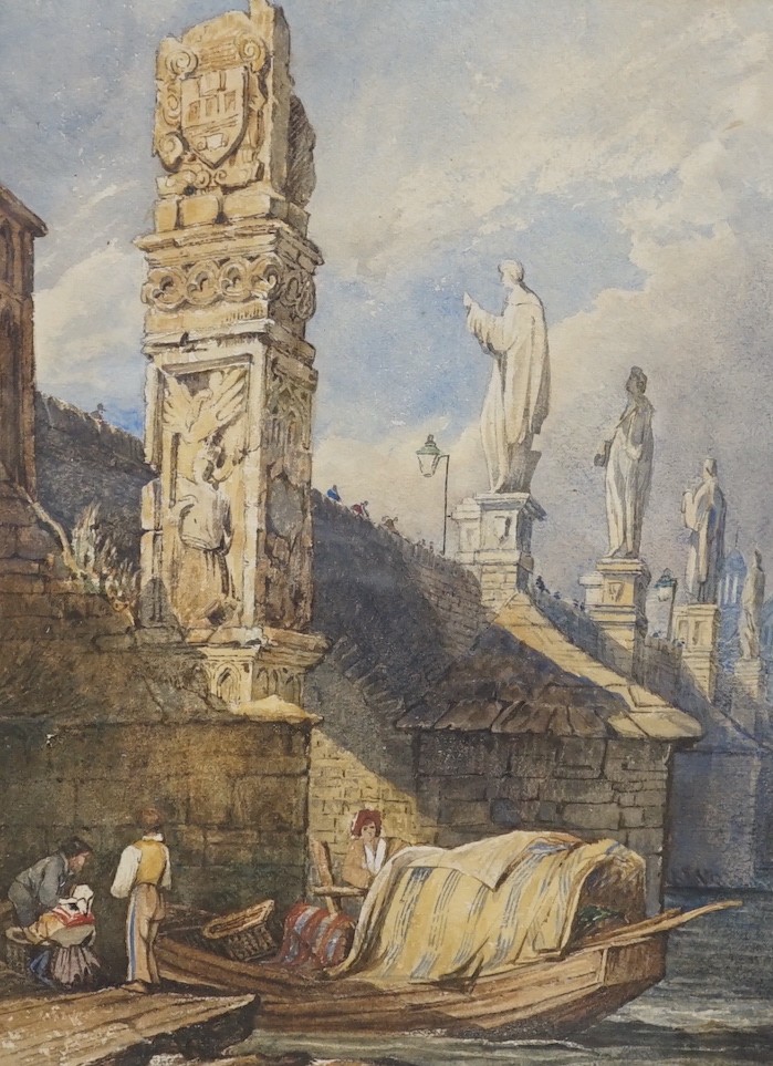 Manner of Samuel Prout, two watercolours, Venetian canal scene and boatmen beside a bridge, largest 29 x 21cm